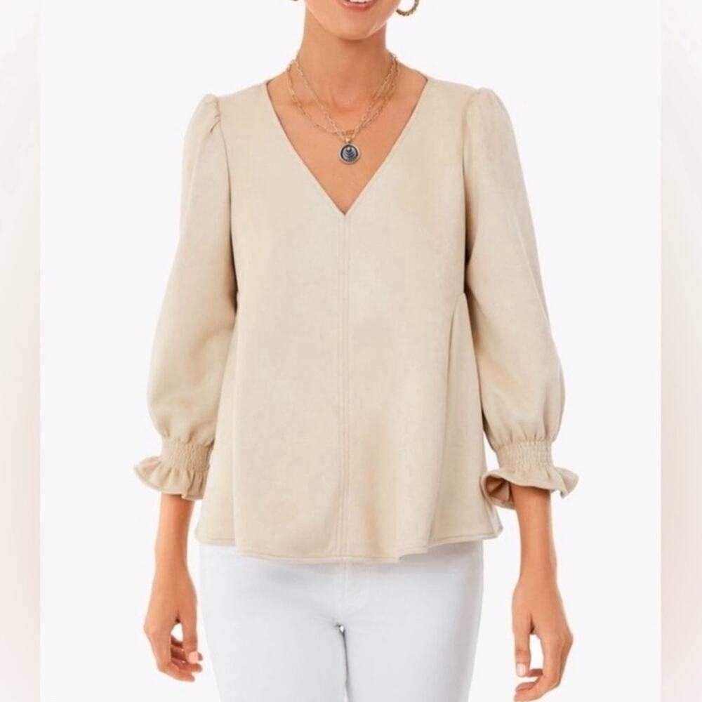 Tuckernuck Easton Blouse Bone Suede Puff Sleeve Flowy Shirt Small $128